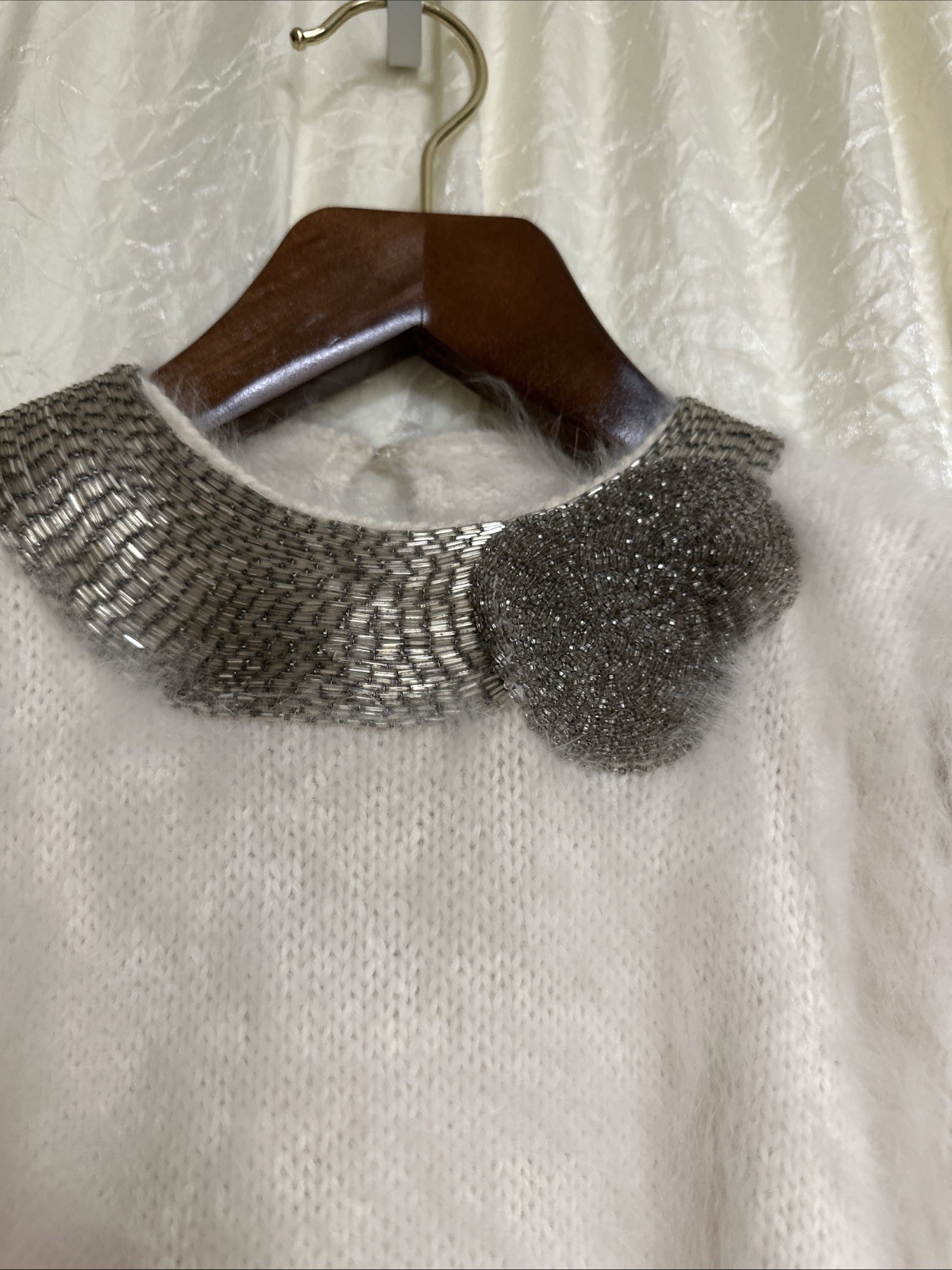GUCCI VINTAGE 80s White Knit, Sequin Beaded Collar, Angora Sweater SZ S