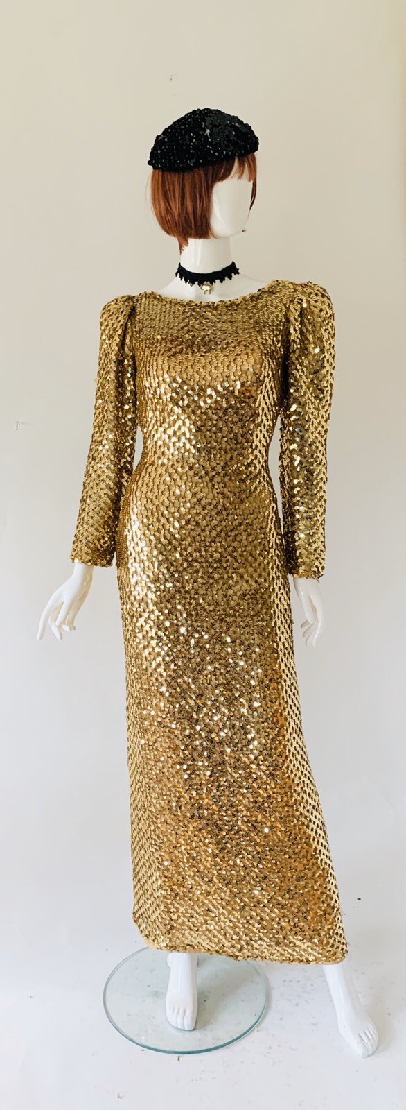 VTG Late 60’s Early 70’s Gold Bombshell Wiggle Full Length VLV Dress Sz S-M