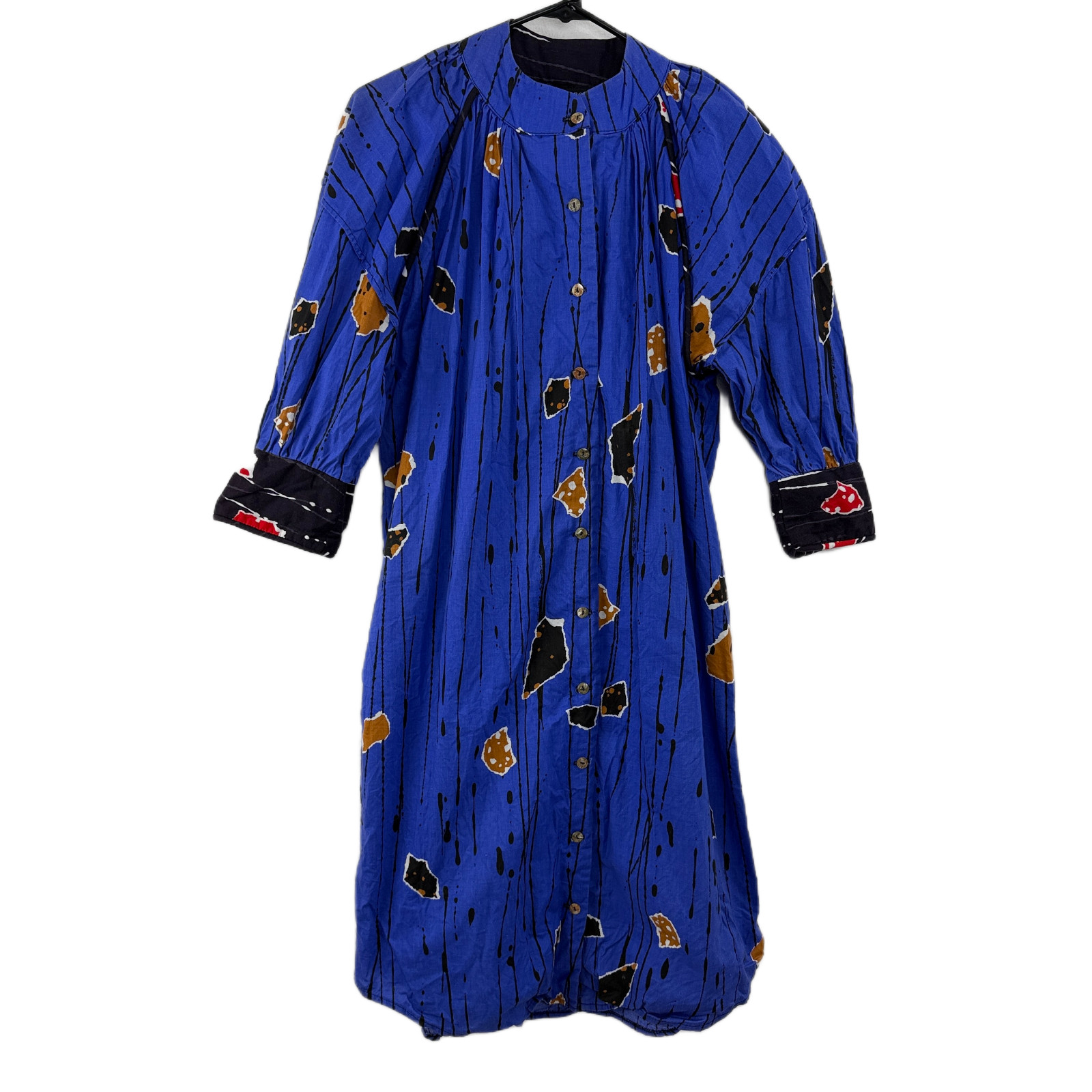 Vtg 80s Ventures of California House Dress Blue Pleated Cotton Artsy Abstract