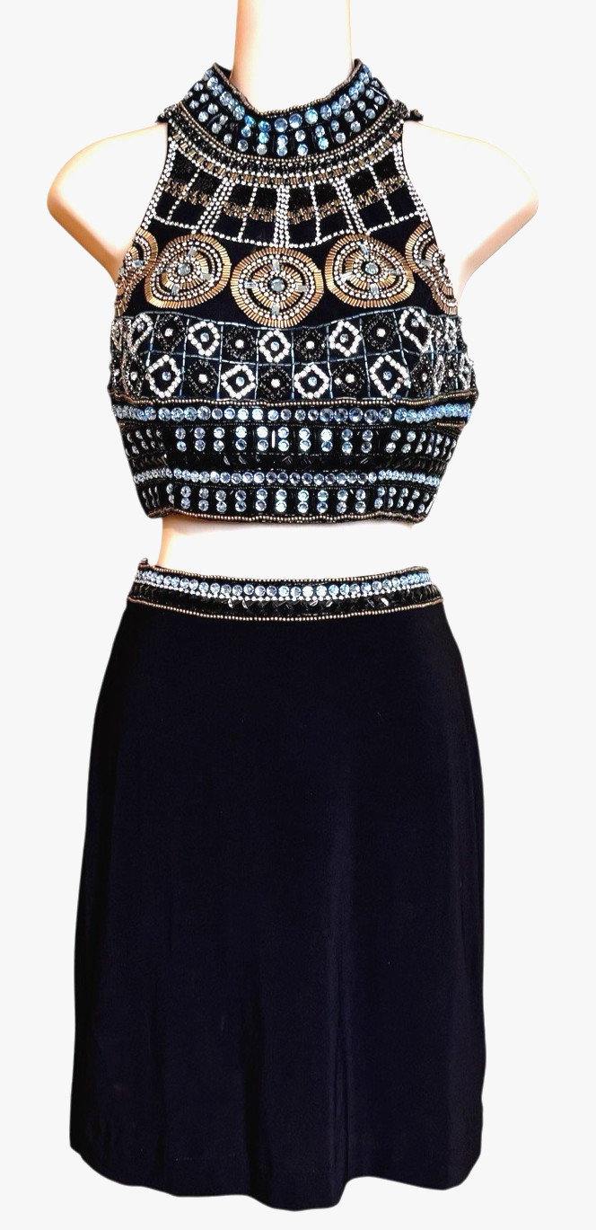 Vintage 90s Sherri Hill Black HEAVILY Beaded Crop Top Skirt Dress Set Cut Out 4