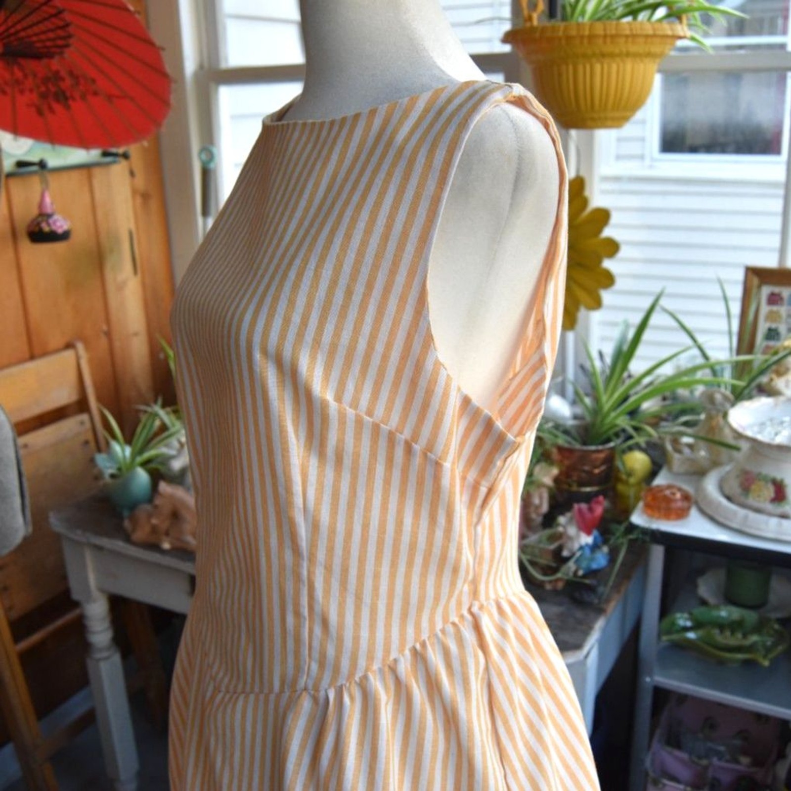 Vintage 60s Yellow White Striped Dress Side Zip Drop Waist Midi M