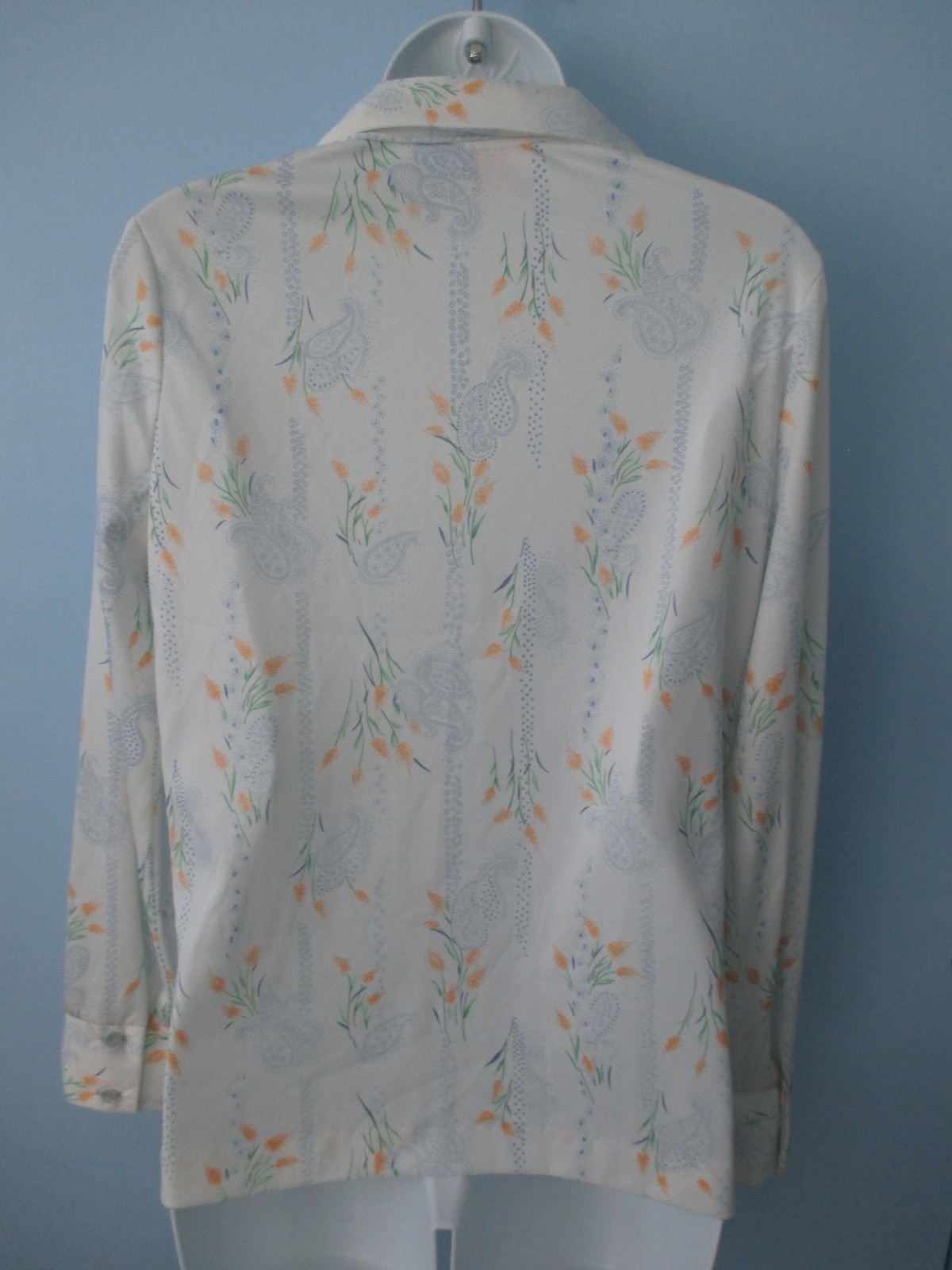 Authentic Vintage 1970s Graff Secretary Blouse – White Blue Yellow – Size M