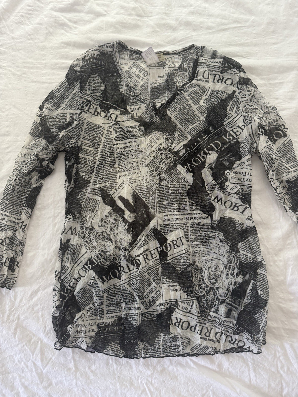 Jess & Jane Sheer Black and White Newspaper Print Long Sleeve Top Y2K