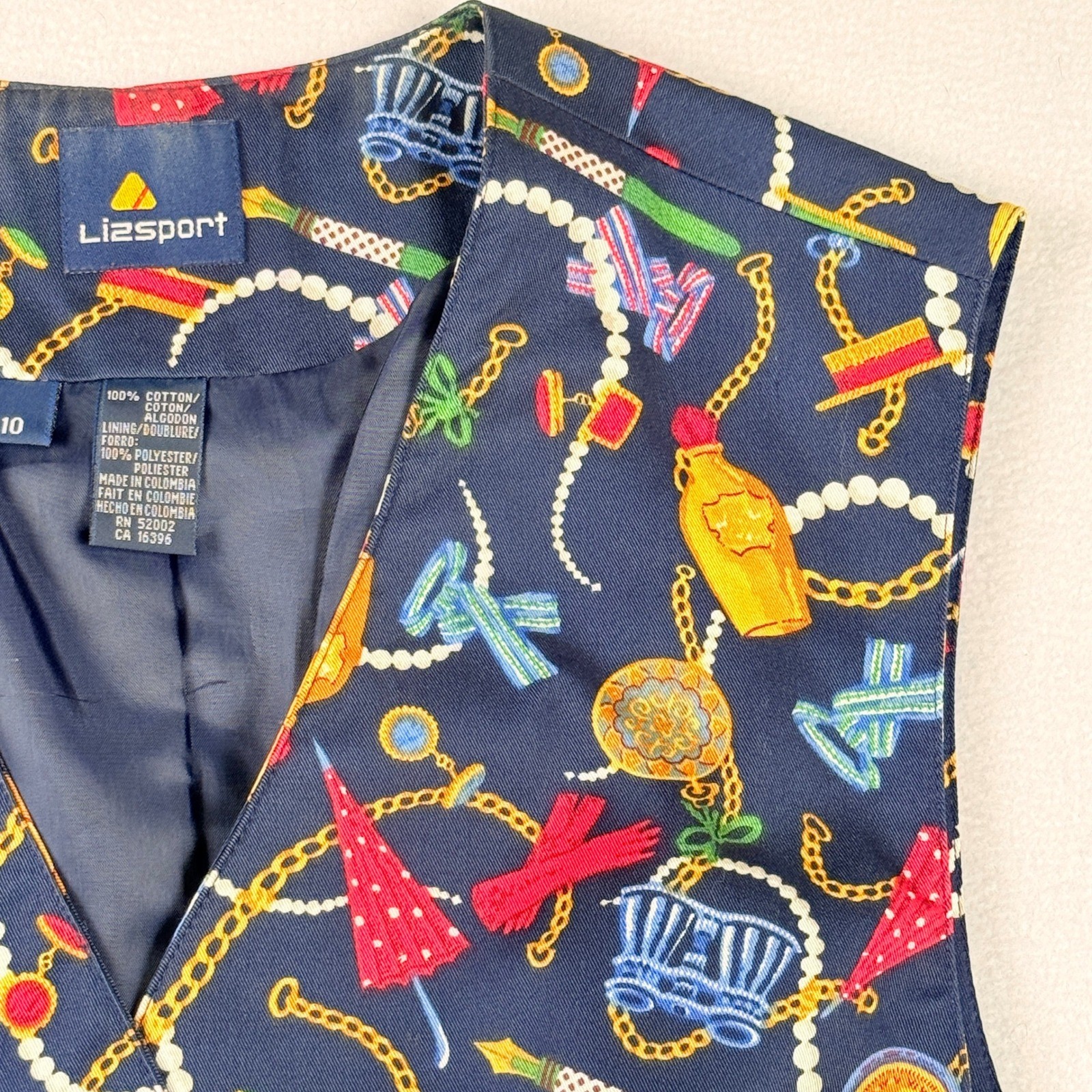 LizSport Novelty Vest Women 10 Navy Blue Gold Chain Equestrian Nautical 90s Fun