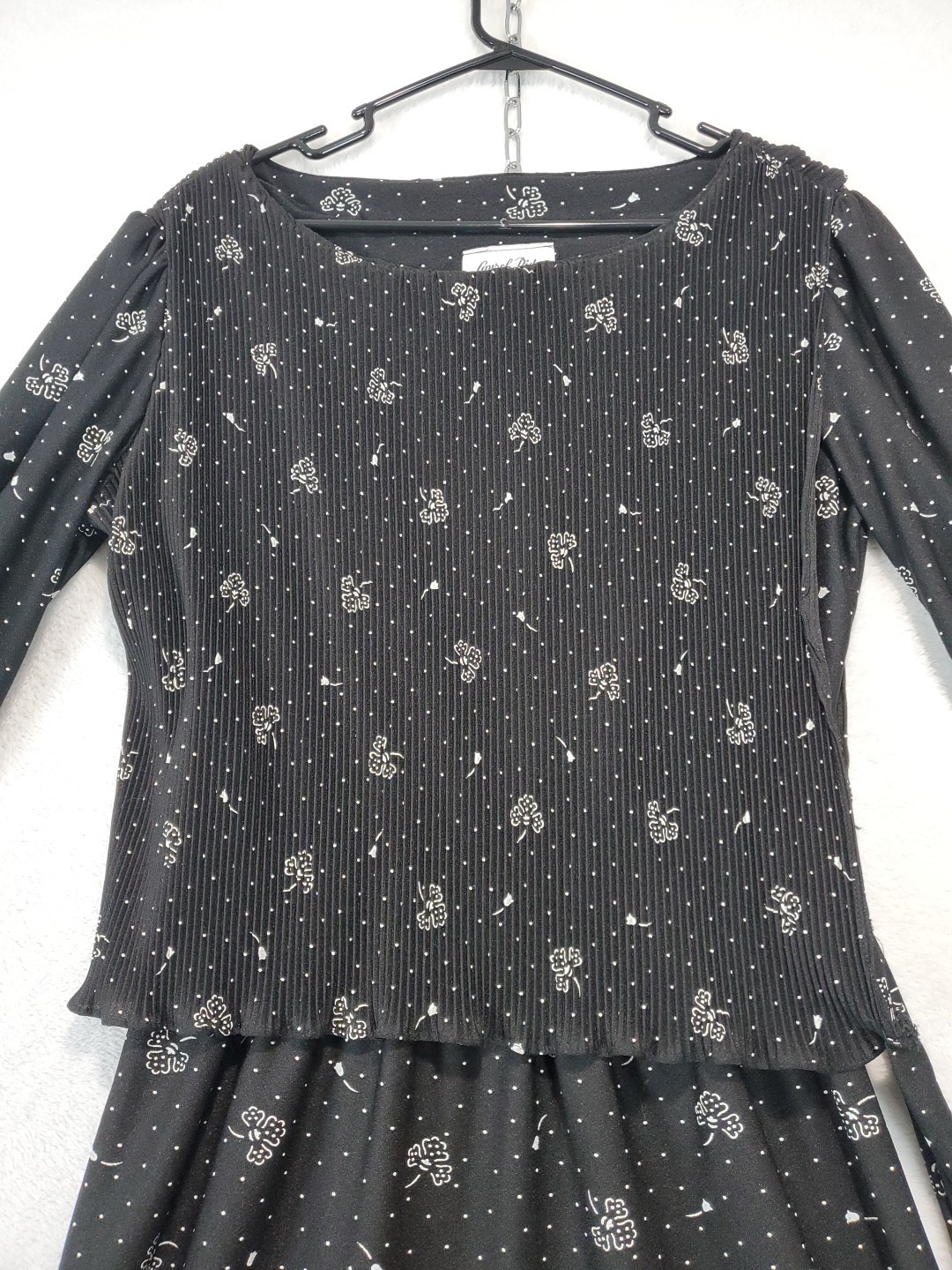 Vtg 70s Laurel Ridge Black Floral Midi Dress Smocked Overlay Top A Line Sz 15/16
