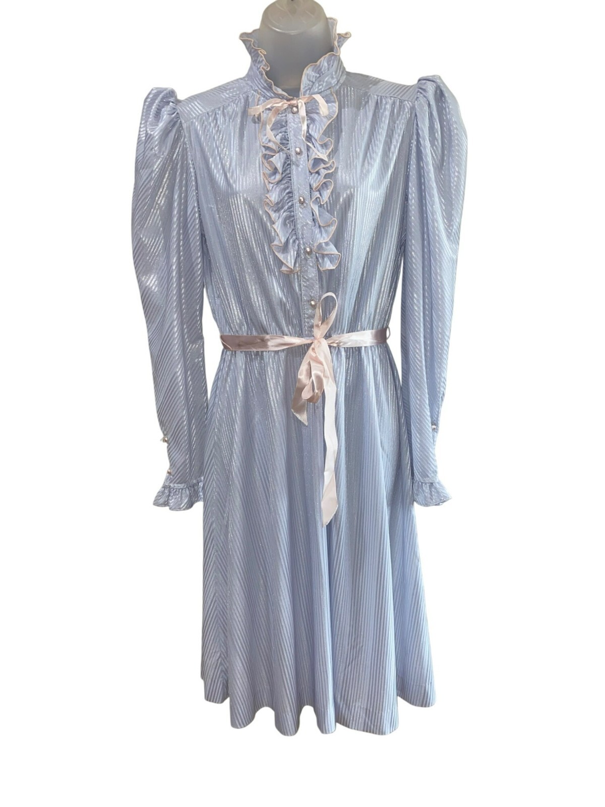 Vintage Jerri Gee New York Light Blue Ruffled Long Sleeve Dress W/ Pink Belt Siz