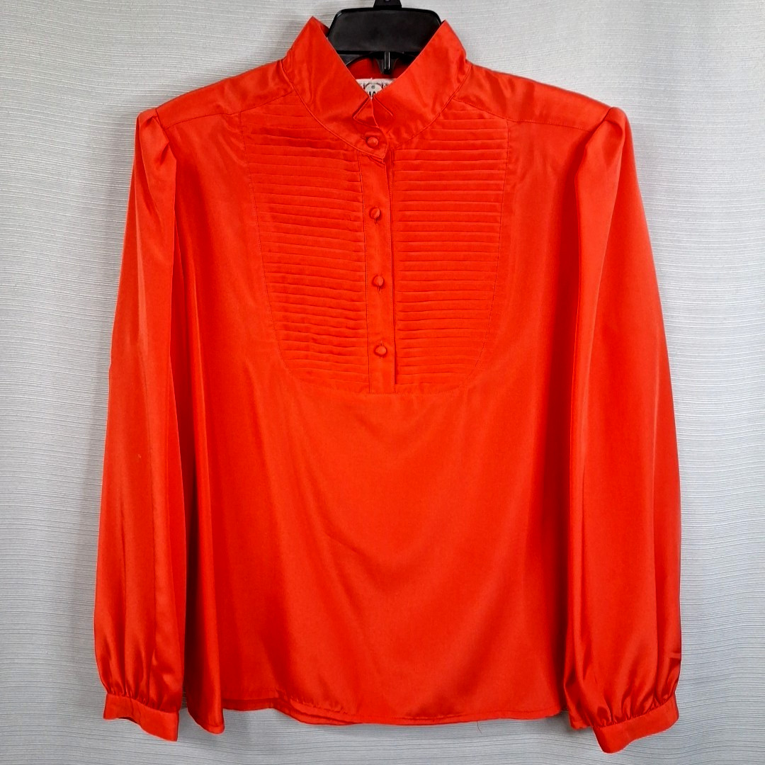 VTG Mihang Red Long Sleeve Blouse Shoulder Pads Pleated Front Size 18 Korea