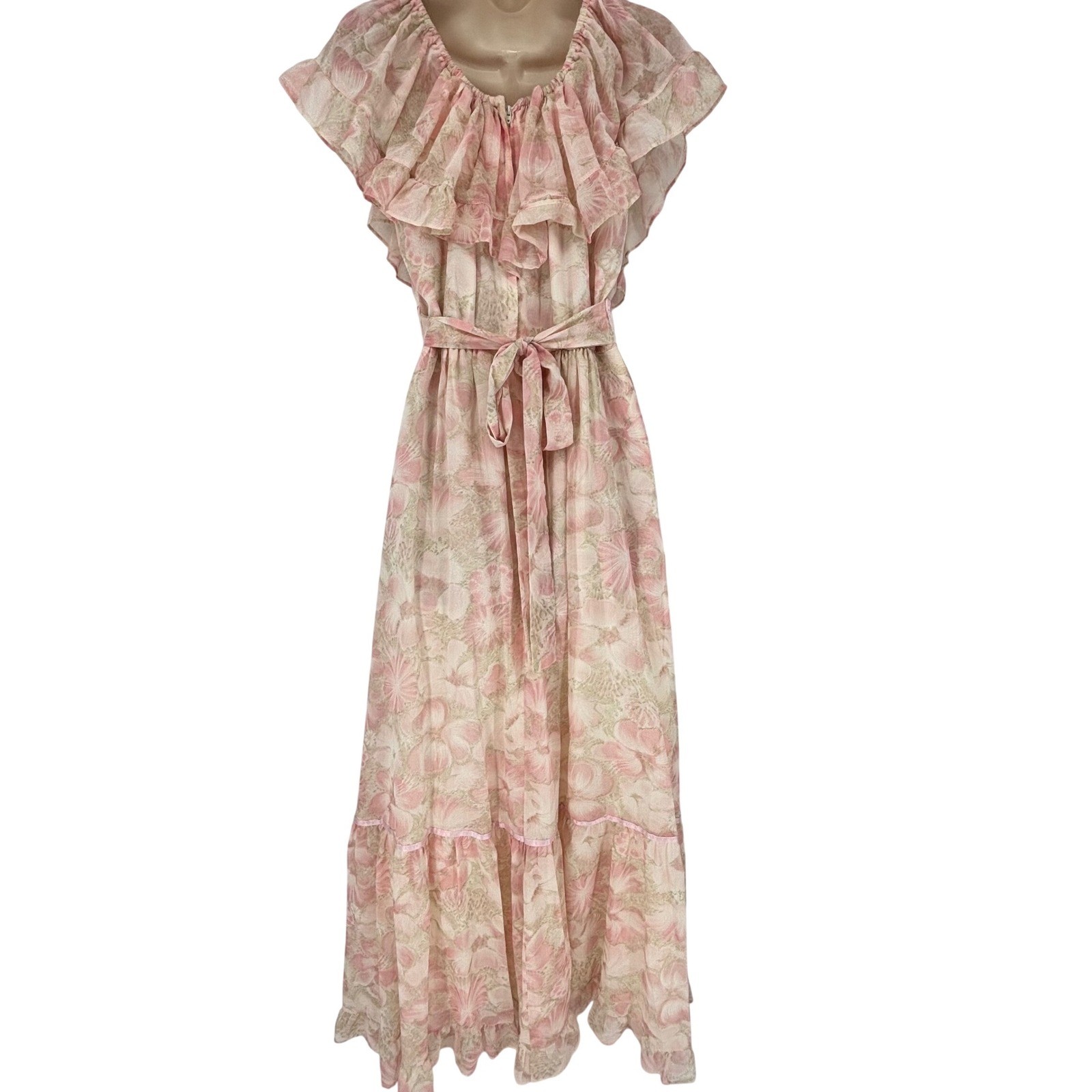 Vintage Candi Jones California Pink Floral Off Shoulder Ruffle Maxi Dress 70s