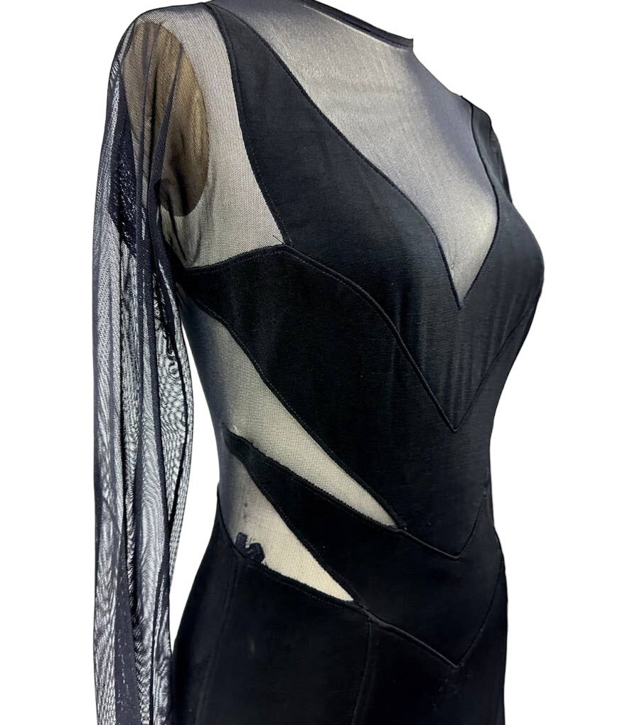 Tadashi VTG 1980s Long Black Evening Dress Sheer Cutouts Mob Wife Disco Glam M
