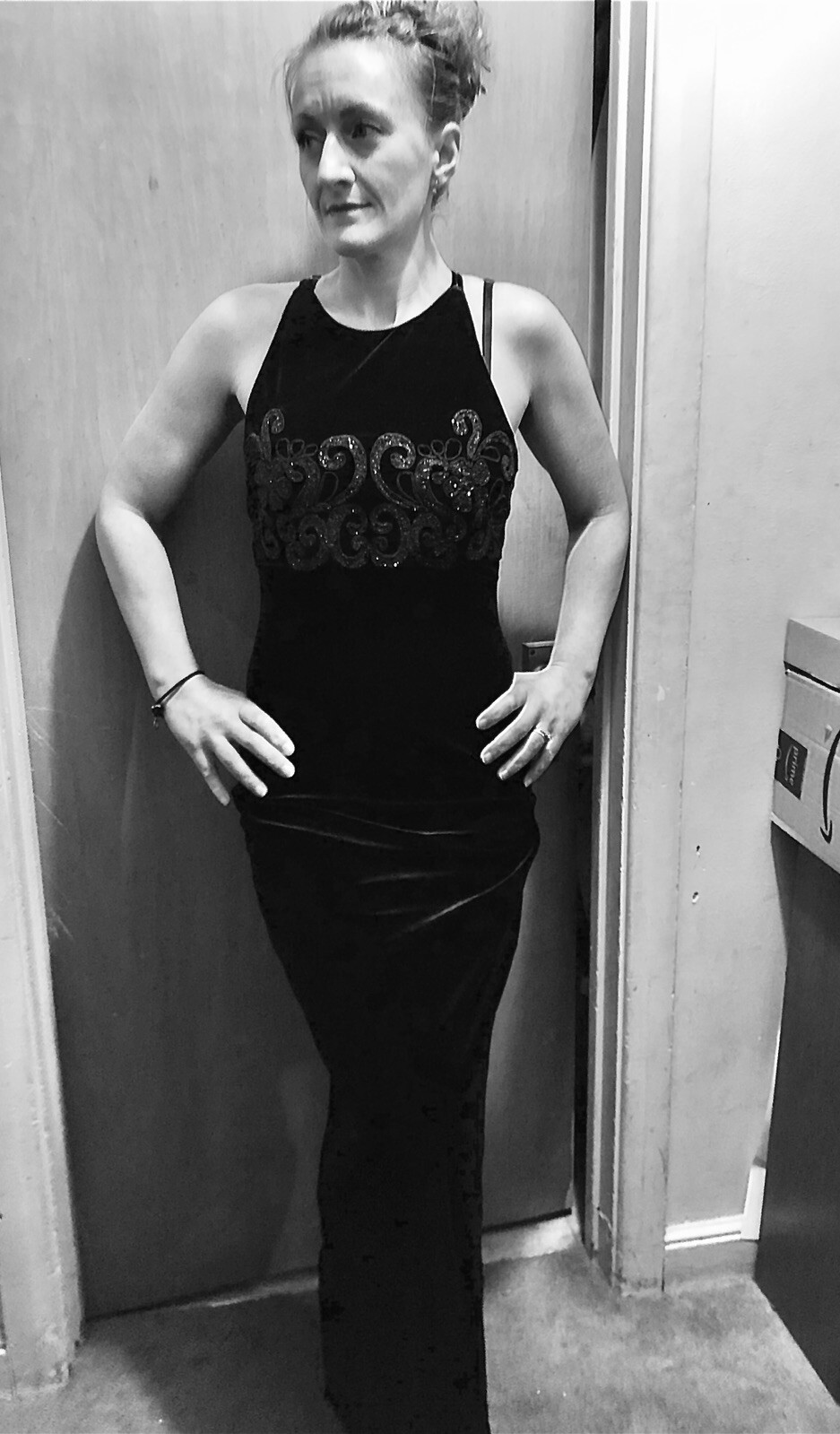 Sz 7/8 Vintage Y2K 1990s Style Maurice’s Black Velvet Halter Dress w Glitter