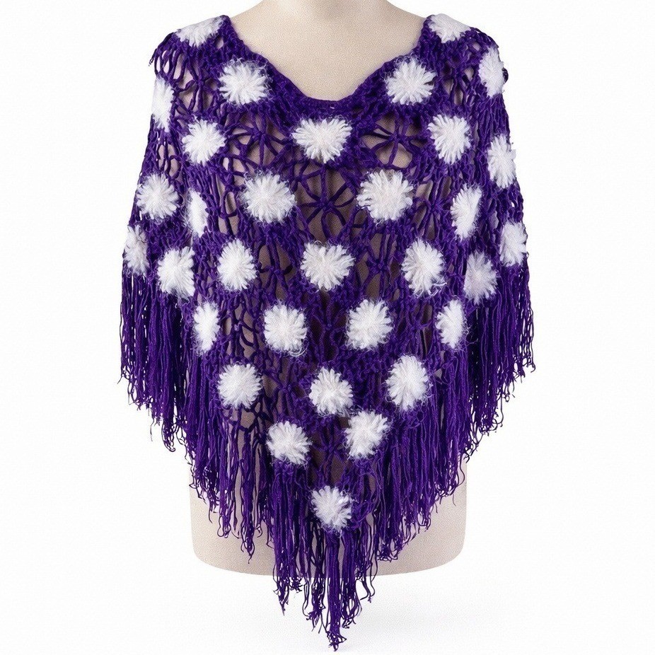 Chaudry Crochet Fringe Poncho Womens XS Purple White Festival Boho Deadstock NWT