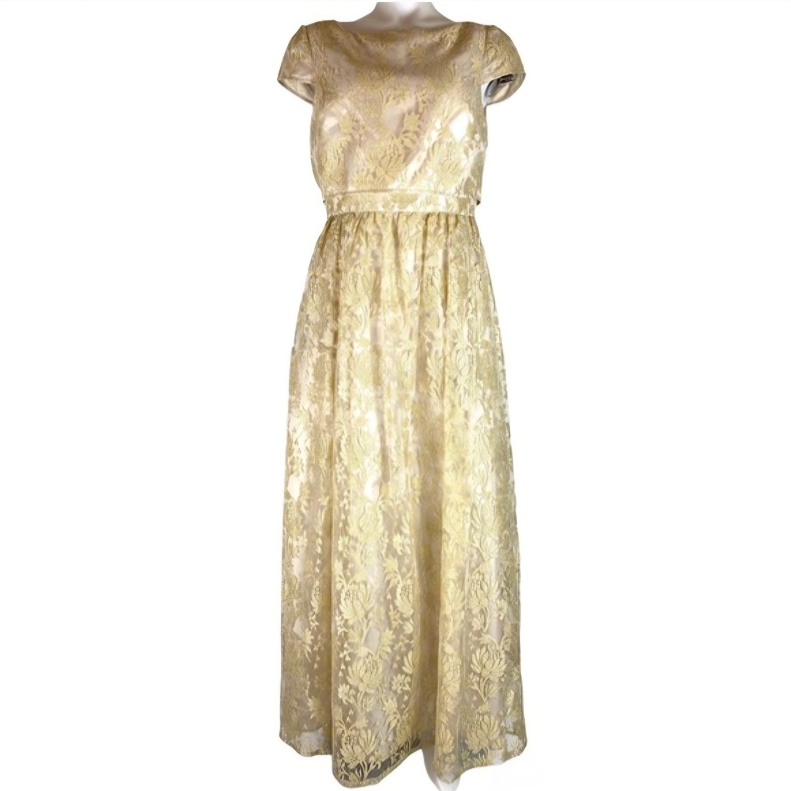 Adrianna Papell Formal Evening Dress Ivory Gold Short Sleeve