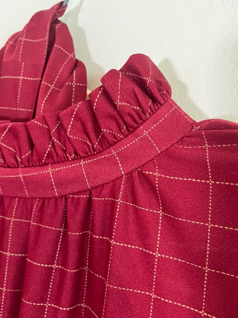 Vintage Handmade Houndstooth Ruffle Neck Dress Red 22 Festive Holiday Preppy Mod