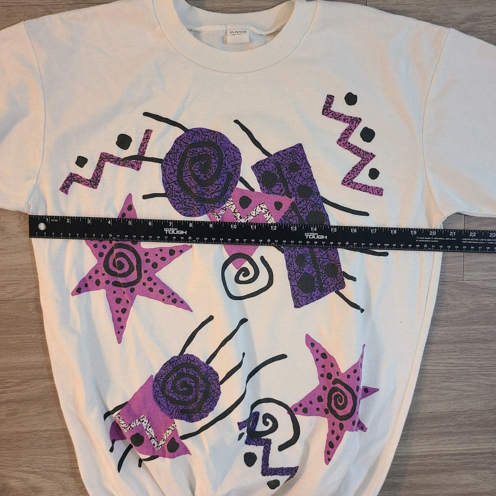 VTG 90s Geometric Abstract Womens White Tshirt Banded Waist Saved By The Bell OS