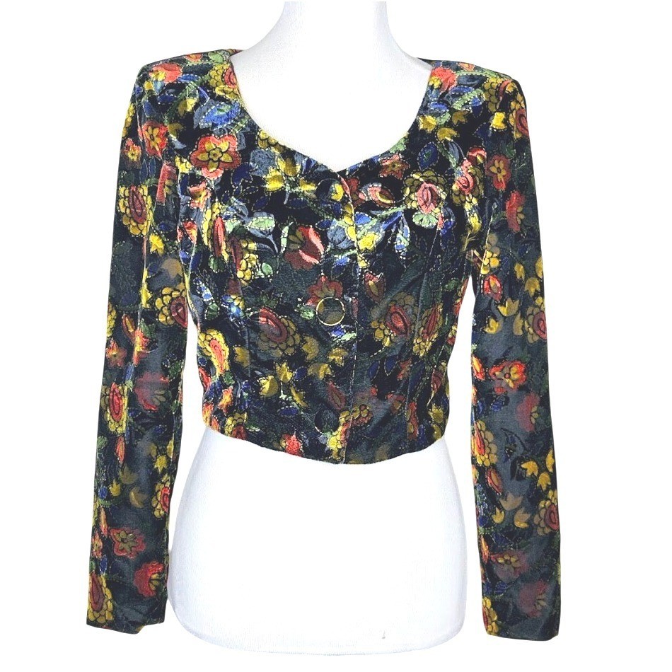 Vintage French Connection Floral Velvet Burnout Cropped Jacket Multi-Color 90s M