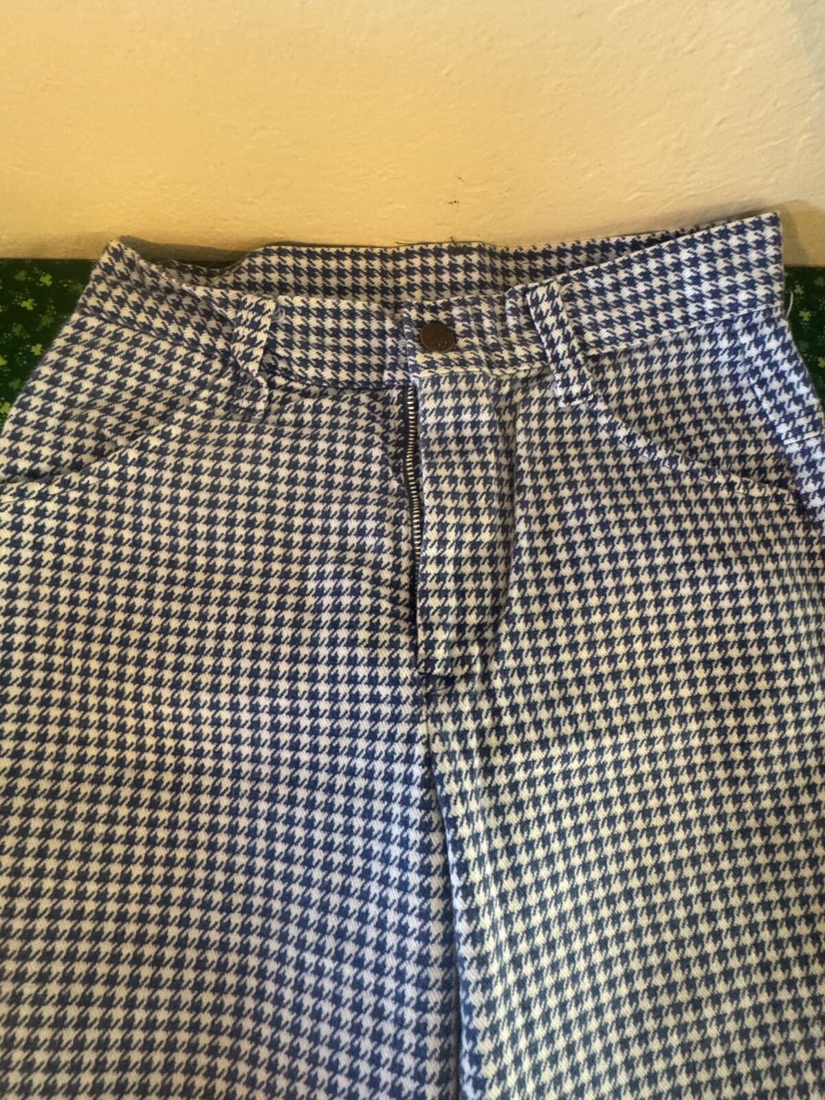 Vtg 1970s Gingham Flared Bell Bottom Polyester Slacks Pants Blue white
