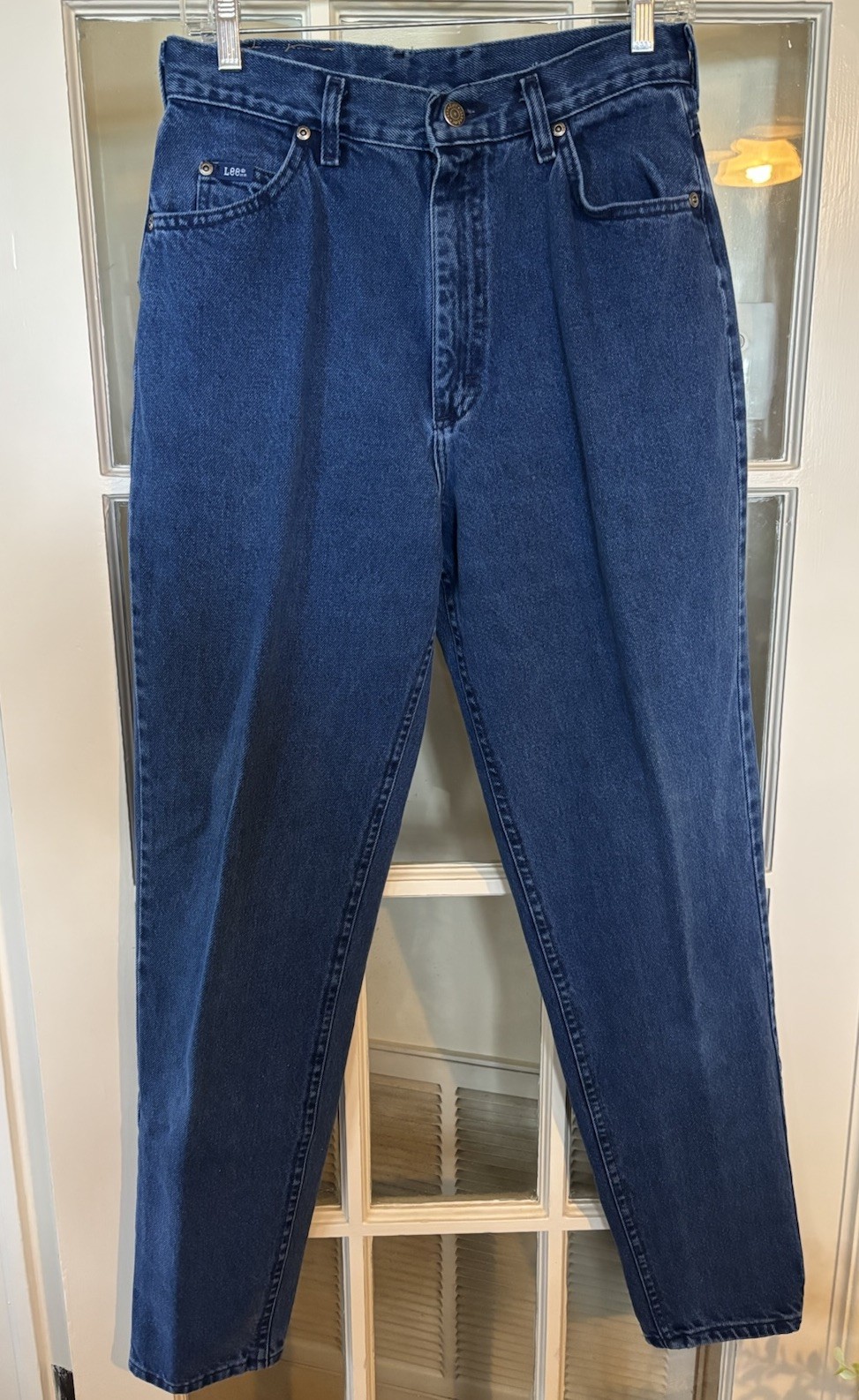 Vintage Lee Dark Wash Blue Denim High Waisted Tapered Leg Jeans Size 16L Long