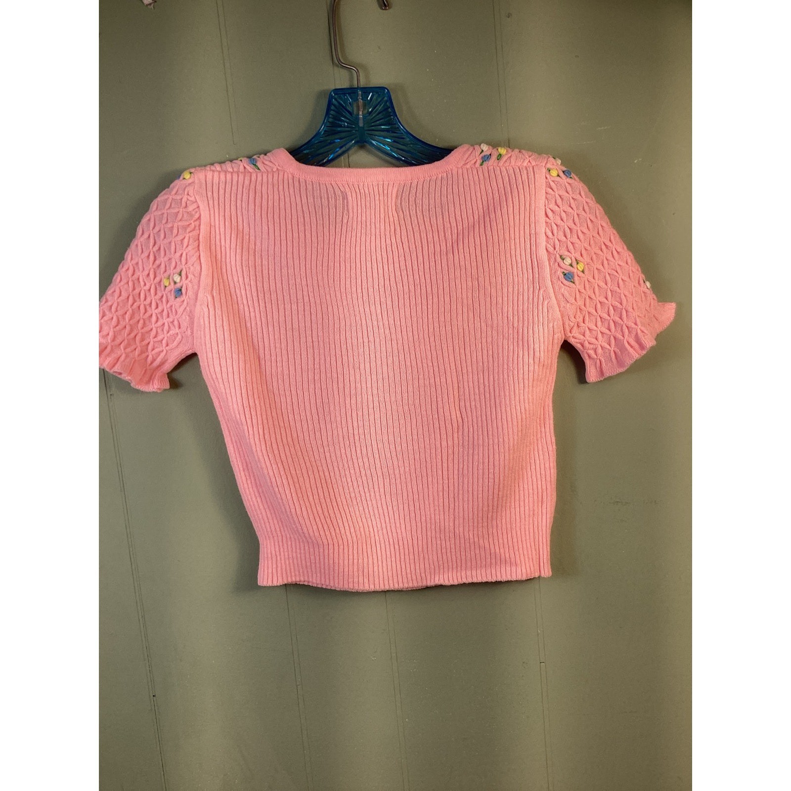 Vintage Pink Ribbed Knit Floral Embroidered Square Neck Short Sleeve Sweater S