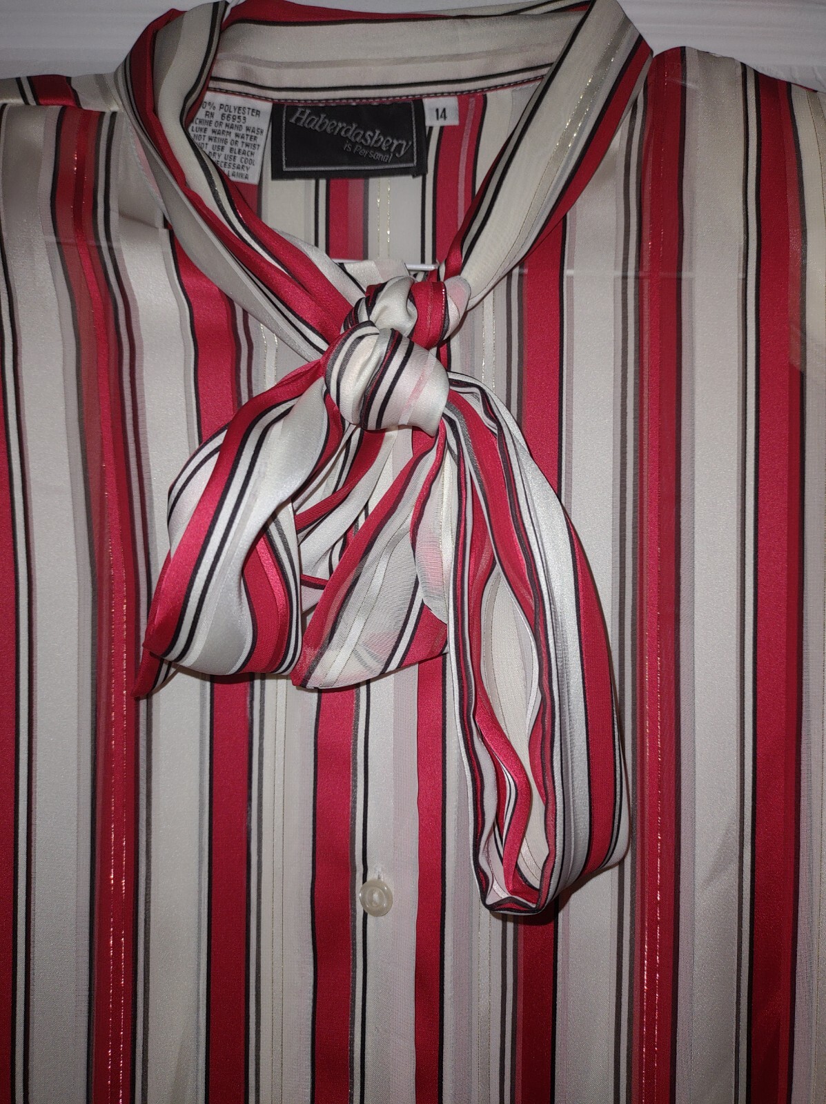 Vintage Haberdashery is Personal Ivory and Red Stripe Blouse gold stripe w/Bow