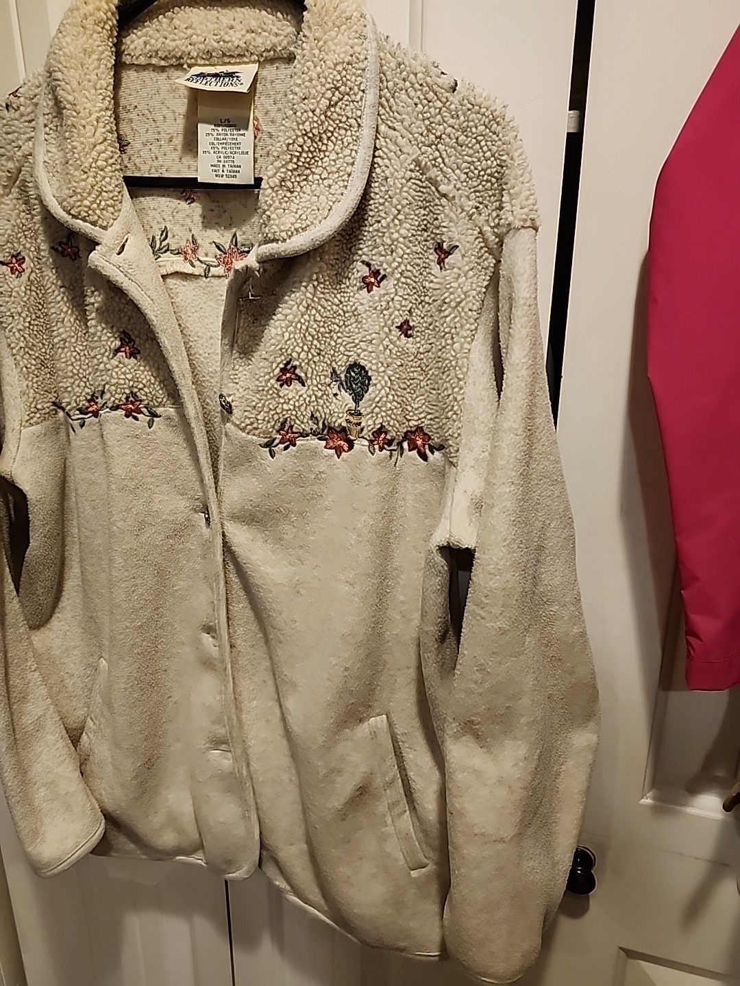 Northern Reflections Sz L Cream Gray Blend Fleece Embroidered Flowers Jacket