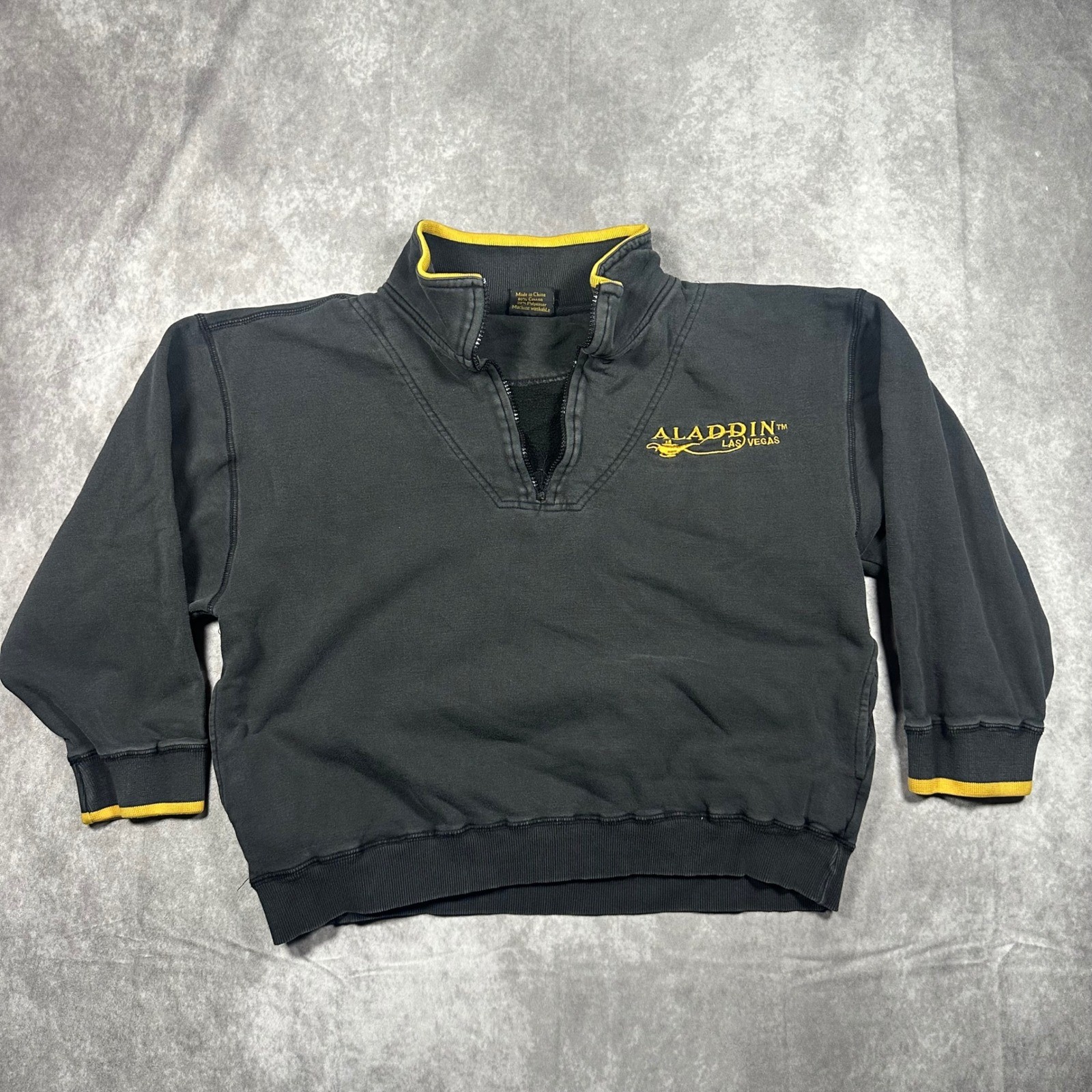 Vintage Aladdin Las Vegas Quarter Zip Sweatshirt Womens M Black Yellow Logo Y2K