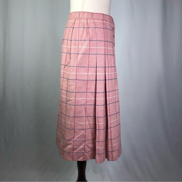 VINTAGE the Wyndham Collection pink herringbone plaid wool midi skirt 12