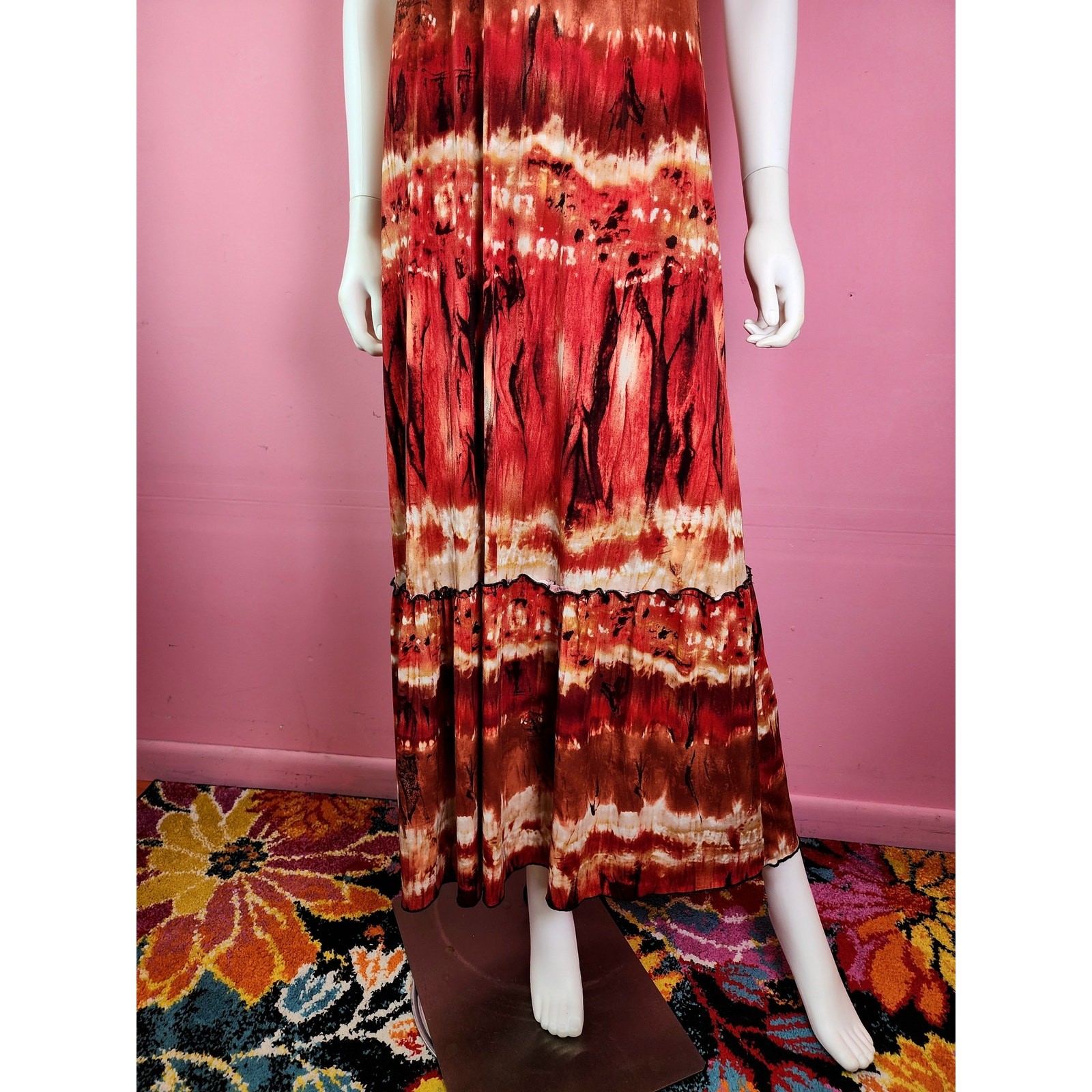 Vintage Y2K Fire Tie Dye Red Rust Brown Tortoise Shell Bead Maxi Dress by BCX
