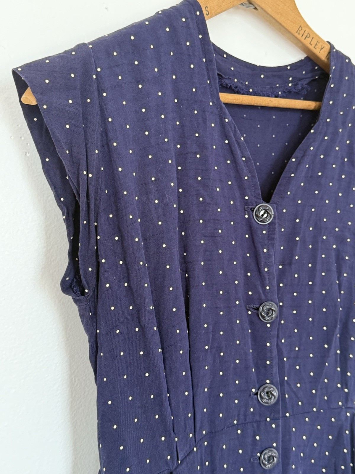 VINTAGE 40s FLOCKED POLKA DOT RAYON JERSEY BUTTON FRONT SLEEVELESS MIDI DRESS SM