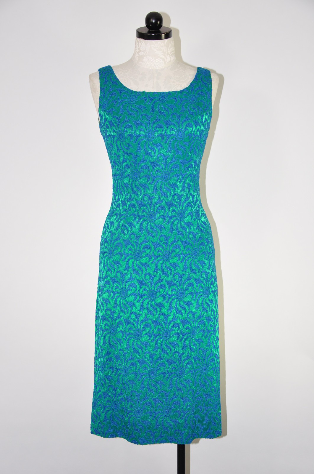 60s Vintage Peacock Blue Green Damask Jacquard Cocktail Wiggle Dress Women XS S