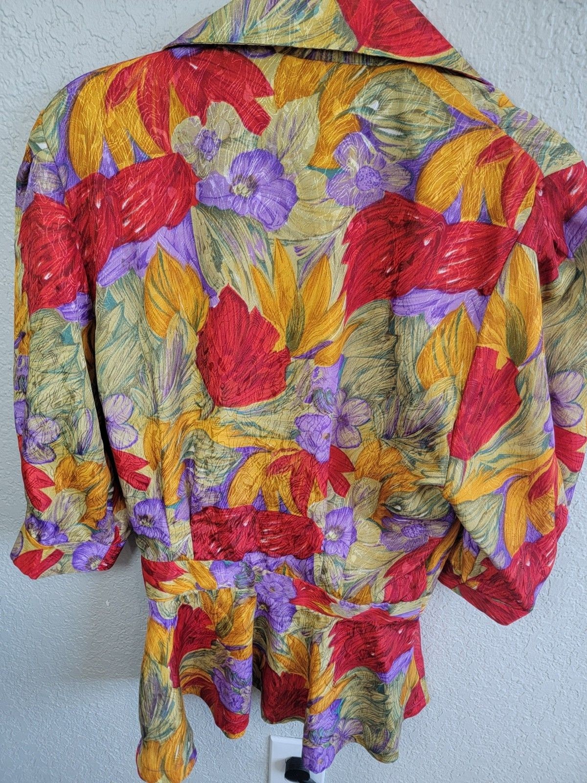 Vintage 80s 90s Floral Peplum Blouse Jacket Bold Abstract Print Gold Button Top