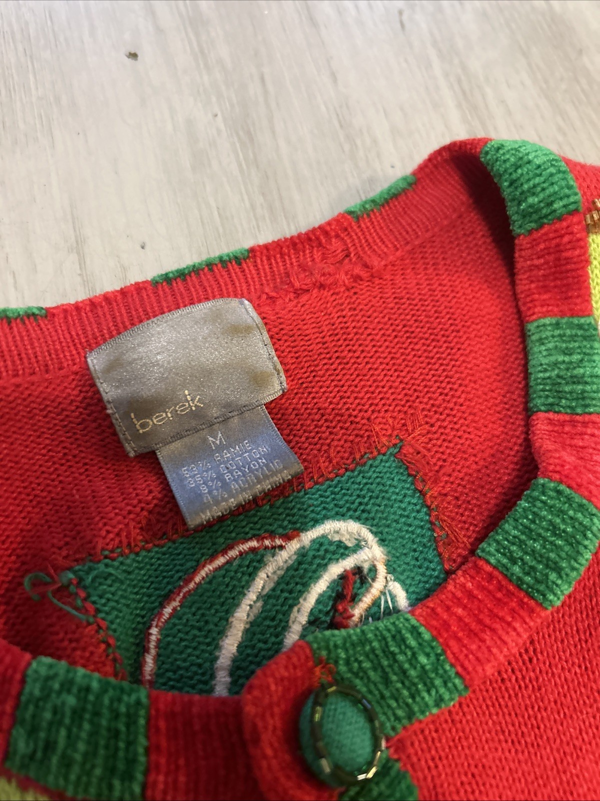 Berek Red Green Christmas Santa Reindeer Gift Tags Beaded Pom Poms Cardigan Sz M