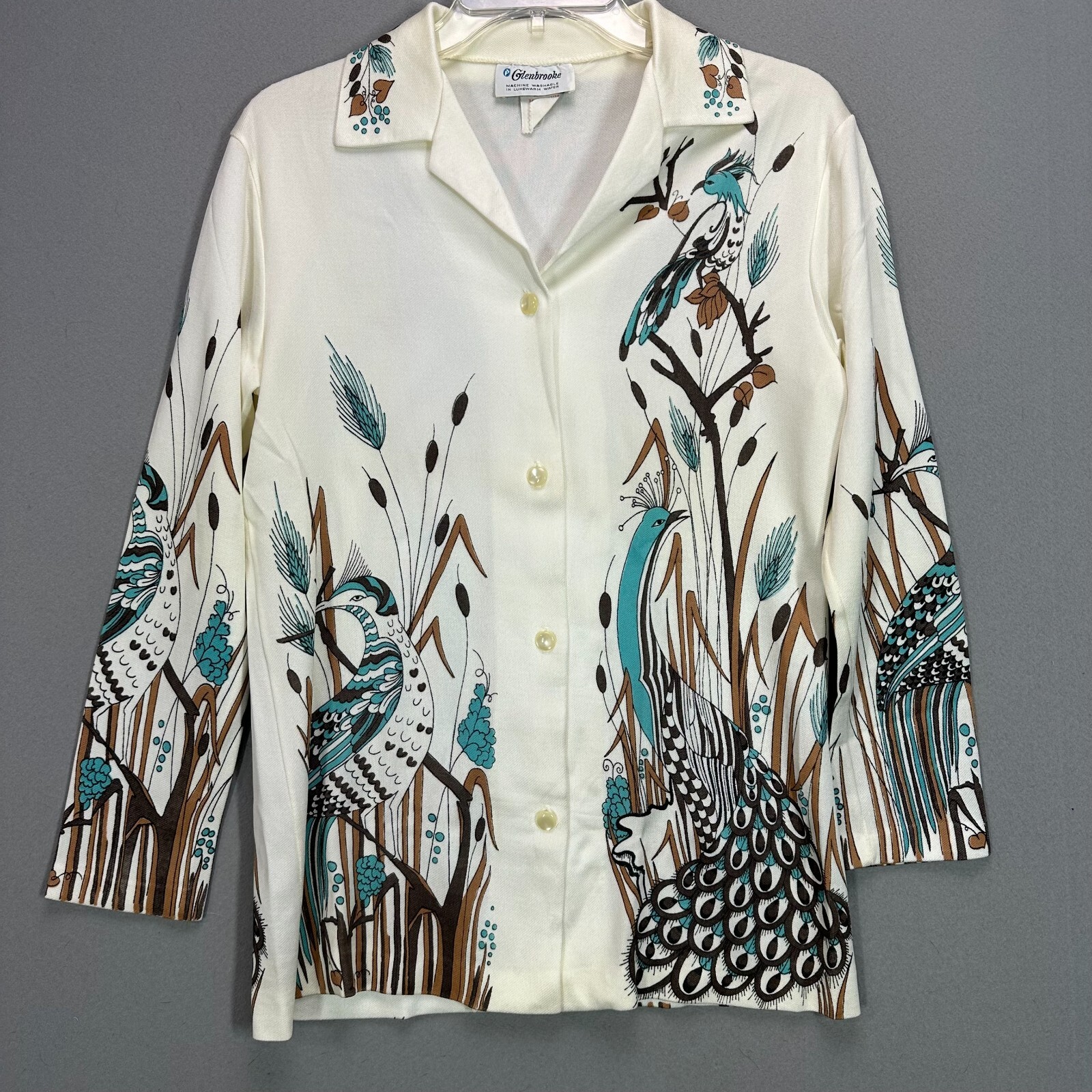 Vintage 70s Disco Shirt Womens M Polyester Peacock Feathers Teal Fall Holiday