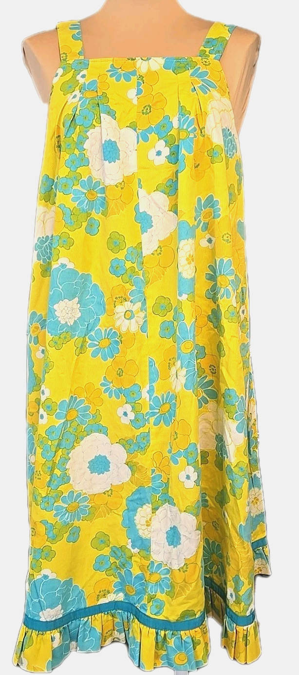 Vintage MOD 60s 70s YELLOW BLUE CREAM floral midi sundress size S/M/L Handmade