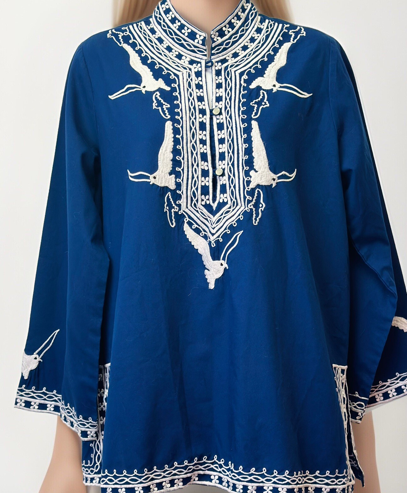 Leandra Crochet Blue Tunic Women’s S/M Embroidered Bohemian Art Vintage Birds
