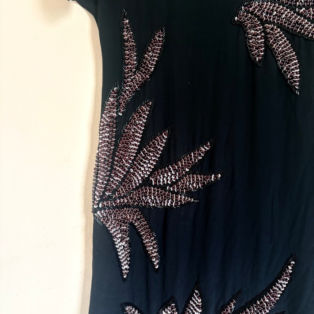 Beyond Vintage Silk Beaded Leaf Mini Dress Black XS Style 347