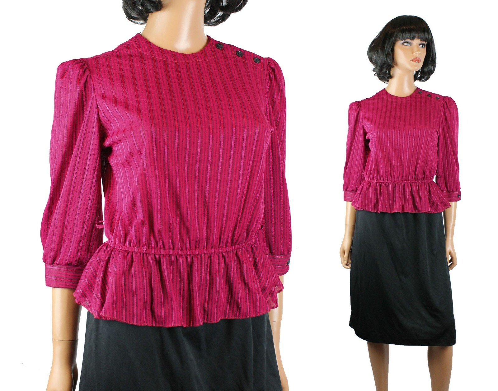 80s Secretary Dress Sz M Vintage Dark Pink Black Striped Peplum Wiggle Pin Up