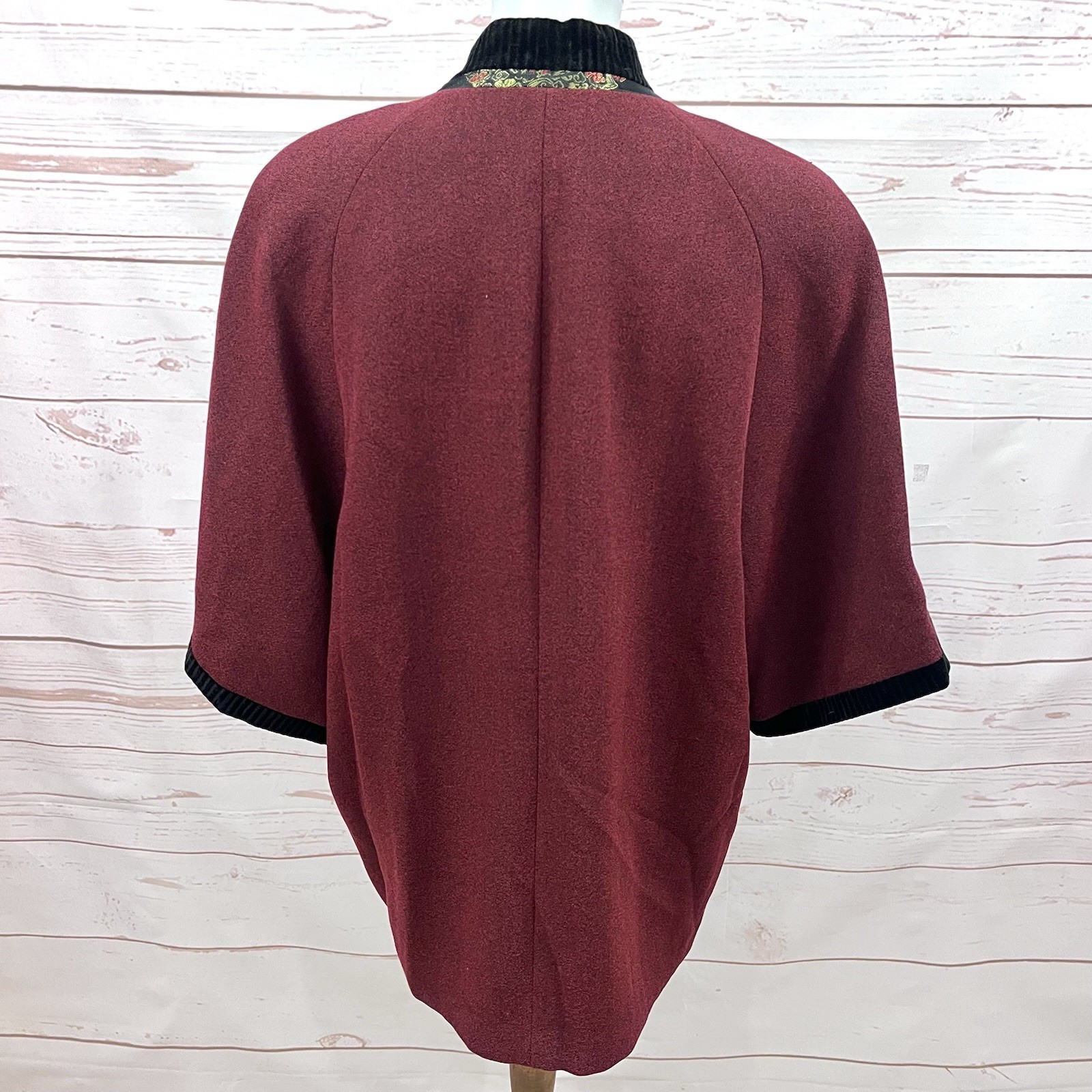 Vintage Asian Mandarin Collar Satin Brocade Velvet Kimono Blazer Cape Jacket