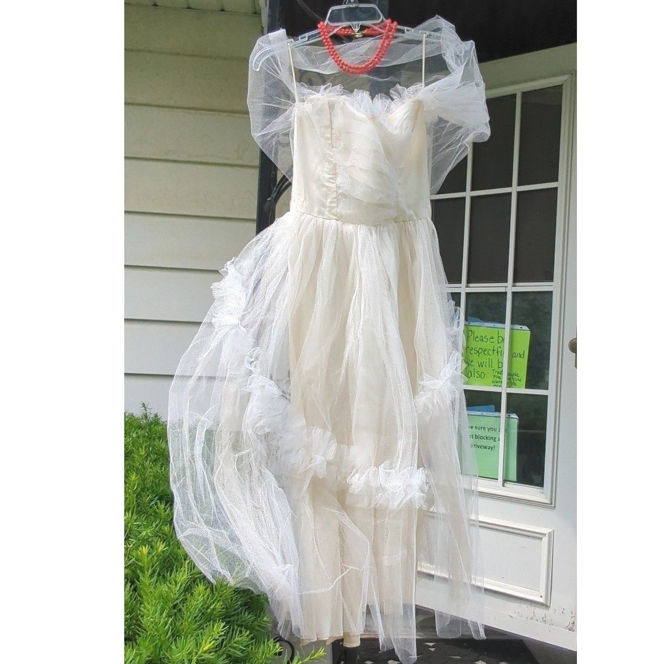 Vintage White Strapless Tulle Party Dress Detachable Shawl Fit & Flare Bridal XS