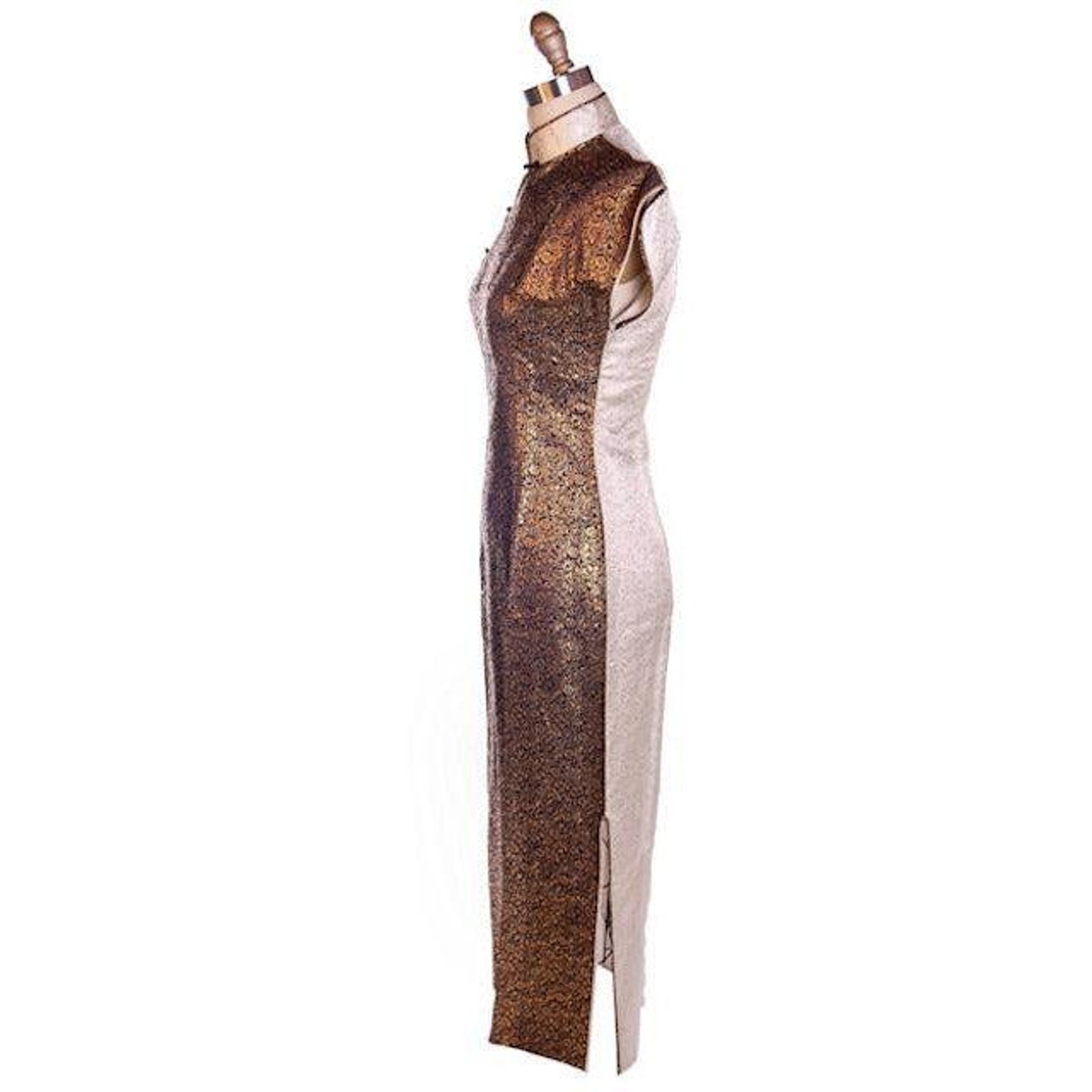 Vtg 50s Rayon Cheongsam Qipao Wiggle Dress Gold Black Silver Brocade Fits S 2–4
