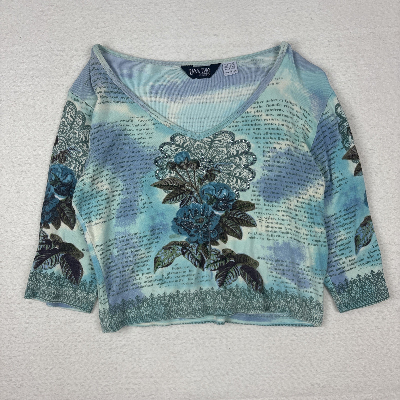 Vintage 90s Take Two Floral Beaded Tie Dye Fairy Womens L Top Blue Abstract