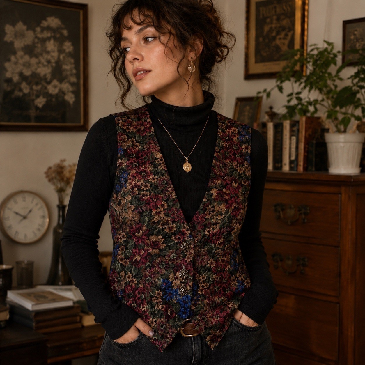 Vintage Floral Tapestry Vest Boho Cottagecore Whimsygoth Retro Artsy Sz M/L