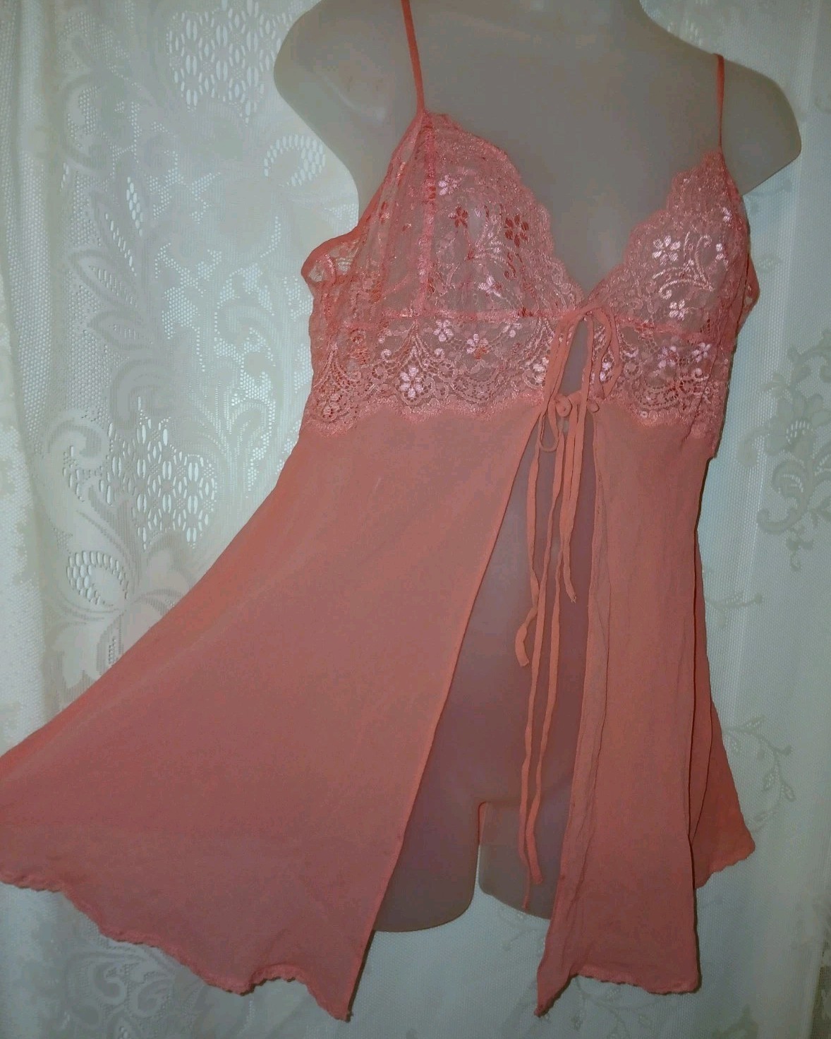 Vintage 90s Victorias Secret SILK Pink Chiffon Sheer Lace Babydoll Nighty L