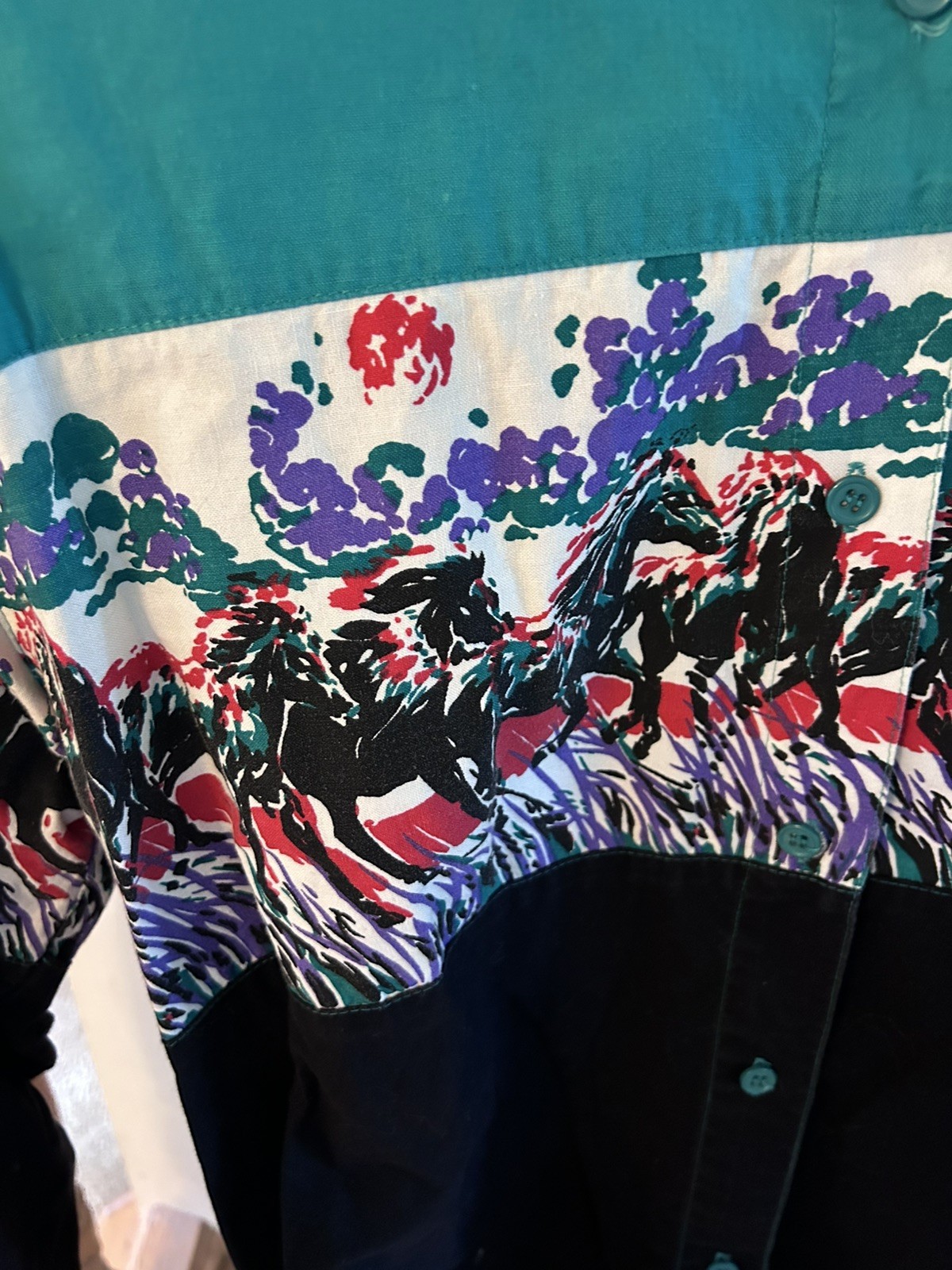 Southwest Canyon Vintage 1992 Cotton Horses Button Down Shirt Teal Black Medium