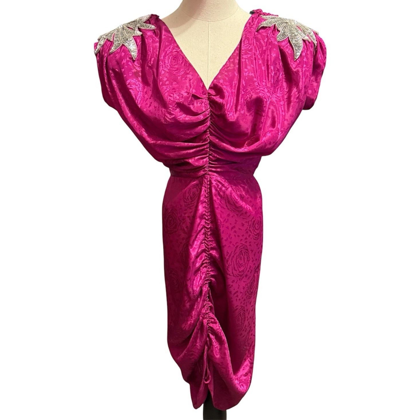 Vintage Frederick’s of Hollywood Magenta Jacquard Dress Size 7 Ruched Sequin 80s