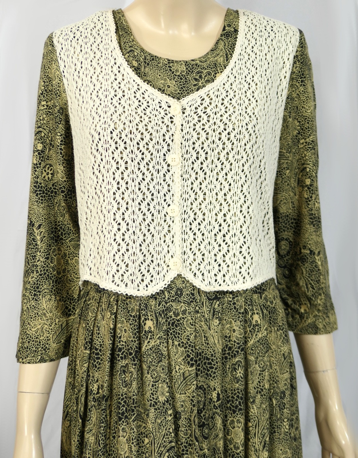 Vintage 80s 90s Olivia Rose Prairie Dress Crochet Vest Boho Filigree Sheath M