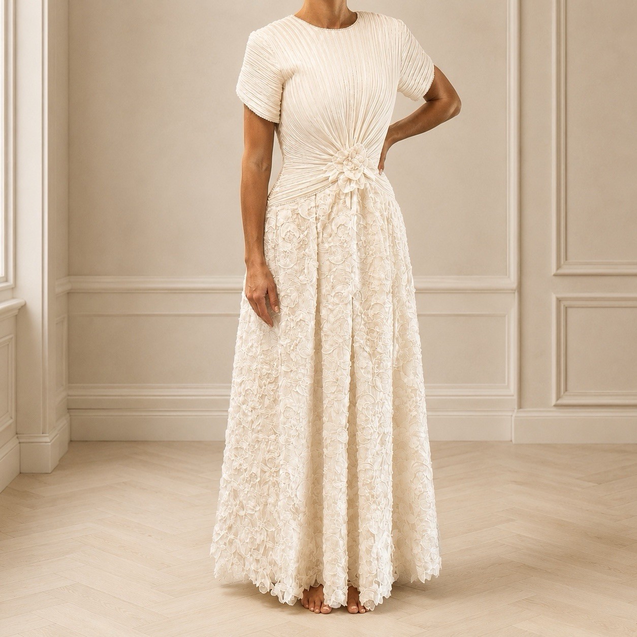 George F Couture Vintage 80s Drop Waist Pleated Lace Wedding Dress V Back Gown 8