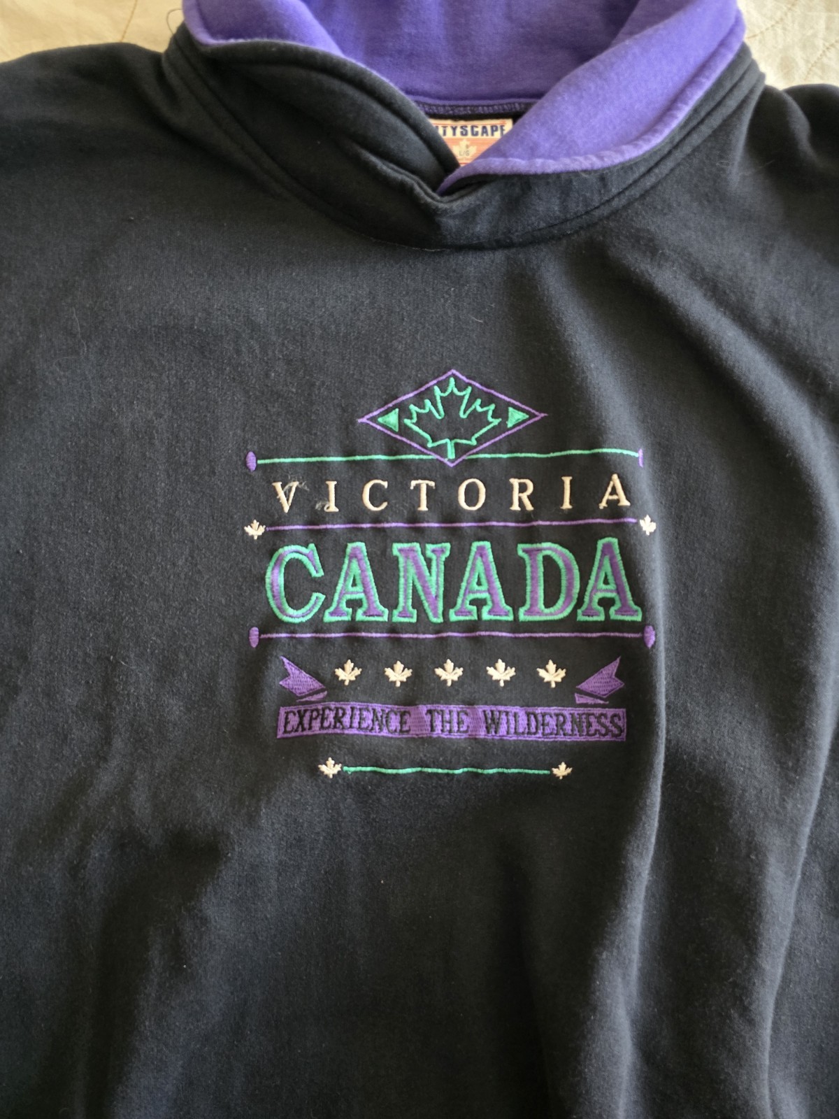 Vintage 1990s VICTORIA Canada Black Purple Collared Sweatshirt Unisex Large
