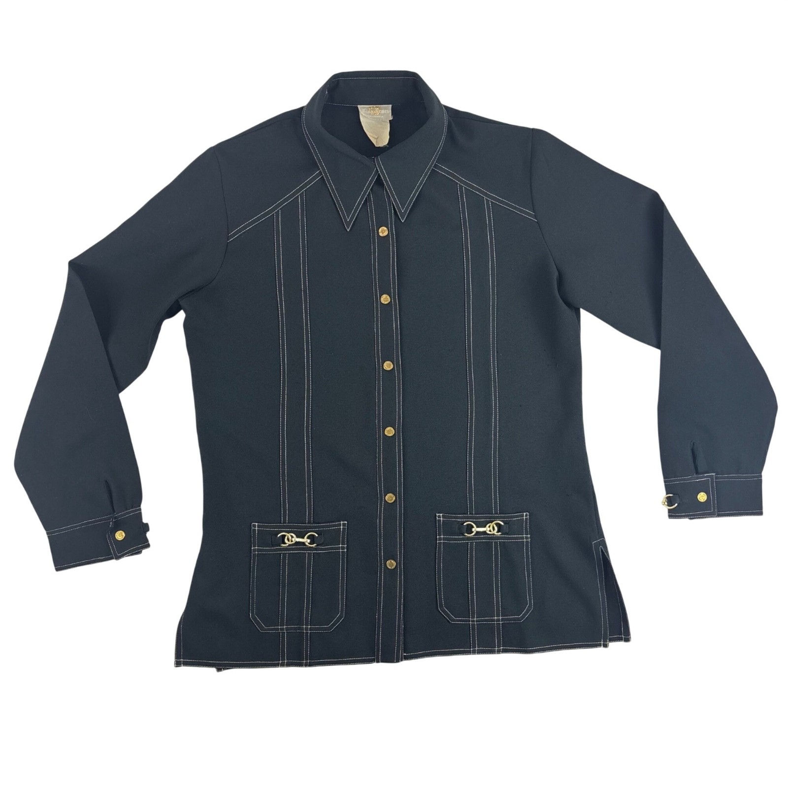 Vintage 70s Black Blouse Womens Large Gold Buttons & Buckles Button Down Shirt
