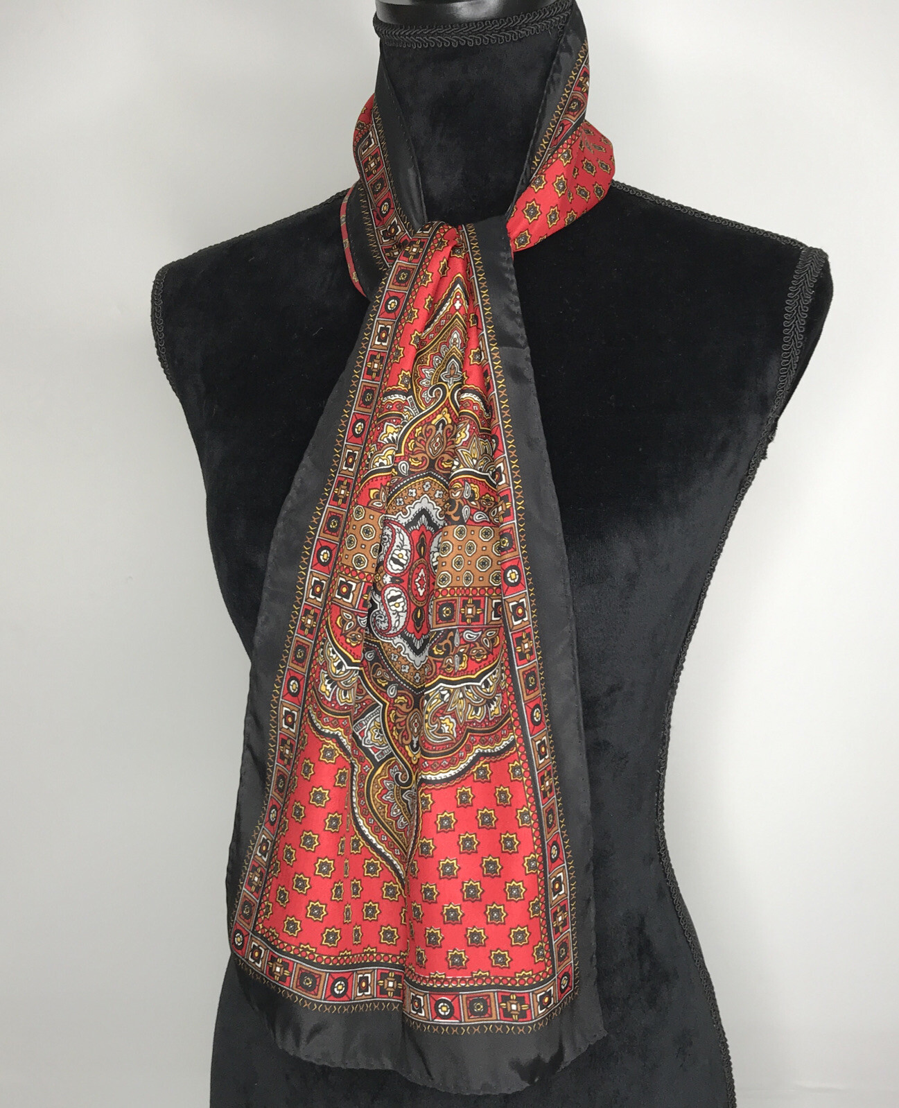 Vintage Polyester Made in Korea 52”x10″ Red, Black, Gold Tone Scarf