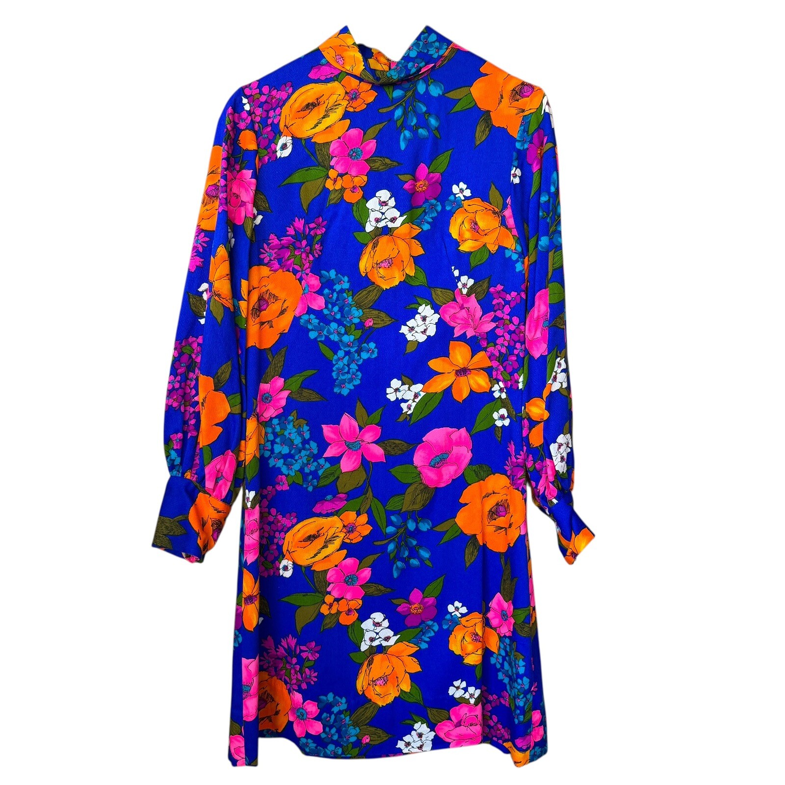 Vtg 70s Spring Industries Fabric Mod Floral High Neck Shift Dress Groovy Small